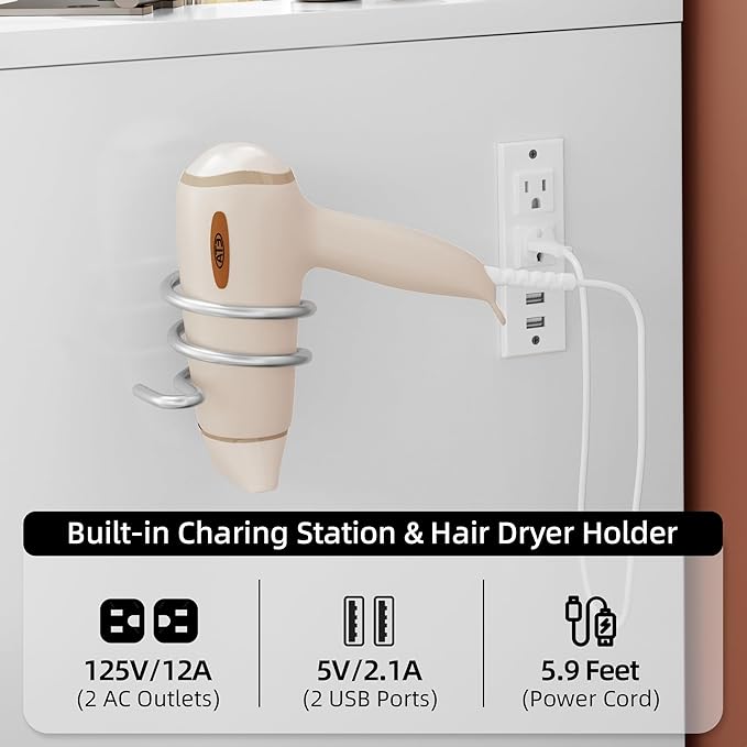 Makeup Vanity Desk with Power Outlet, 46'' Glass Top Vanity Set, 7 Drawers Vanity Table with Cushioned Stool, 3 Lighting Modes Brightness Adjustable,White