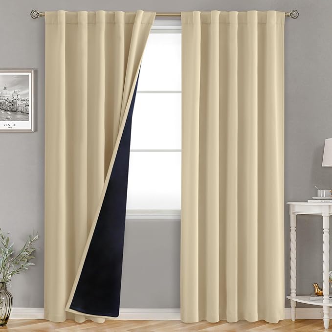 BGment Full Blackout Curtains with Thermal Insulation Liner Curtains 84 Inches Long, Rod Pocket and Back Tab Double Layer Room Darkening Window Curtain for Bedroom(42 x 84 Inch, 2 Panels, Natural)
