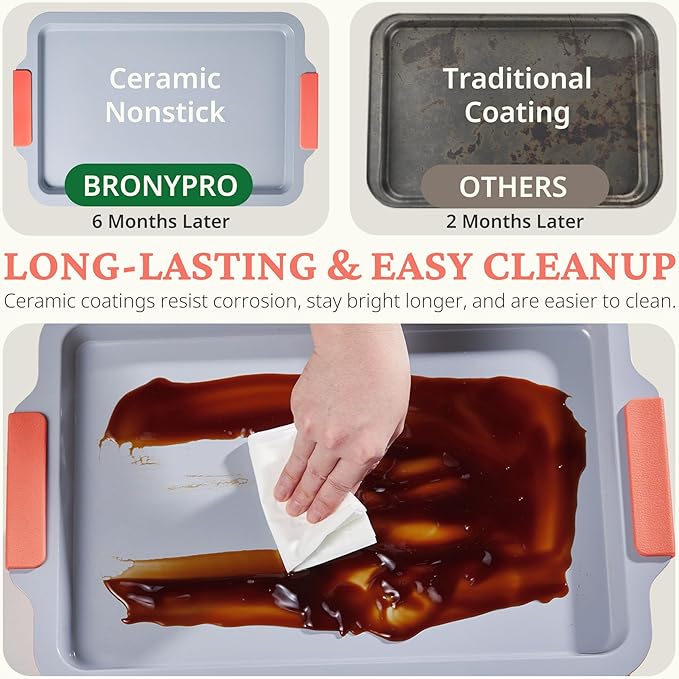 BRONYPRO Nonstick Ceramic Bakeware Set (9 Pieces),Heavy Duty Aluminized Steel Bakeware-Baking Pans Set with Silicone Handles,Includes Sheet Pans,Loaf Pan,Muffin pan,Cake pans,PTFE & PFOA Free - Orange