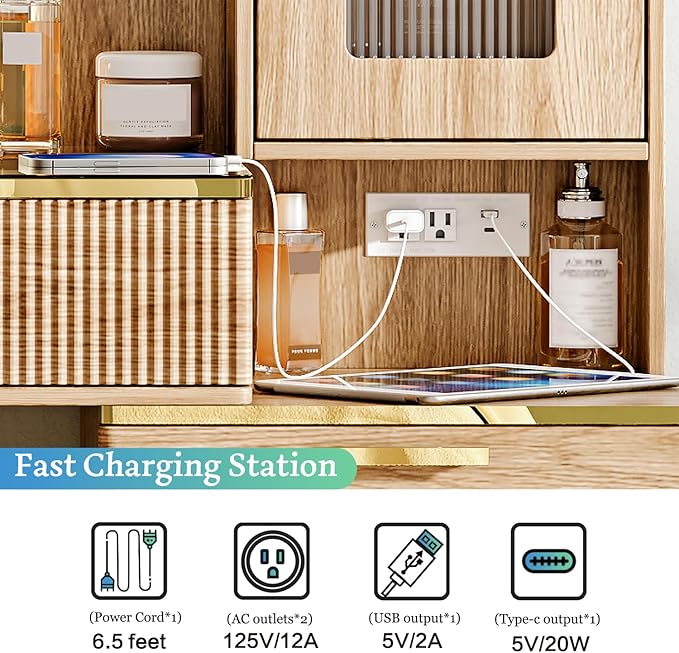 Vanity Desk with 29.53" HD Lighted Mirror, 47.24" Big Modern Vanity Desk with Mirror and Lights, Makeup Vanity with 5 Drawers and Storage Shelves and Charging Station, Oak