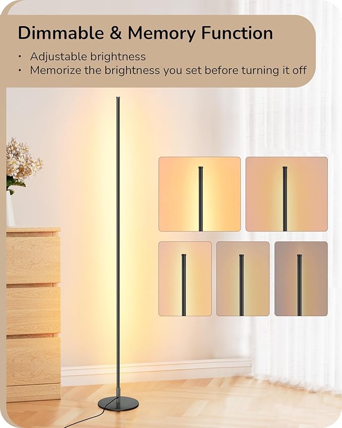 EDISHINE LED Corner Floor Lamp with Remote, 57.5" Minimalist Dimmable Corner Light, Tall Floor Lamps for Living Room, Bedroom, Office, 3000K Warm White Light (Black)