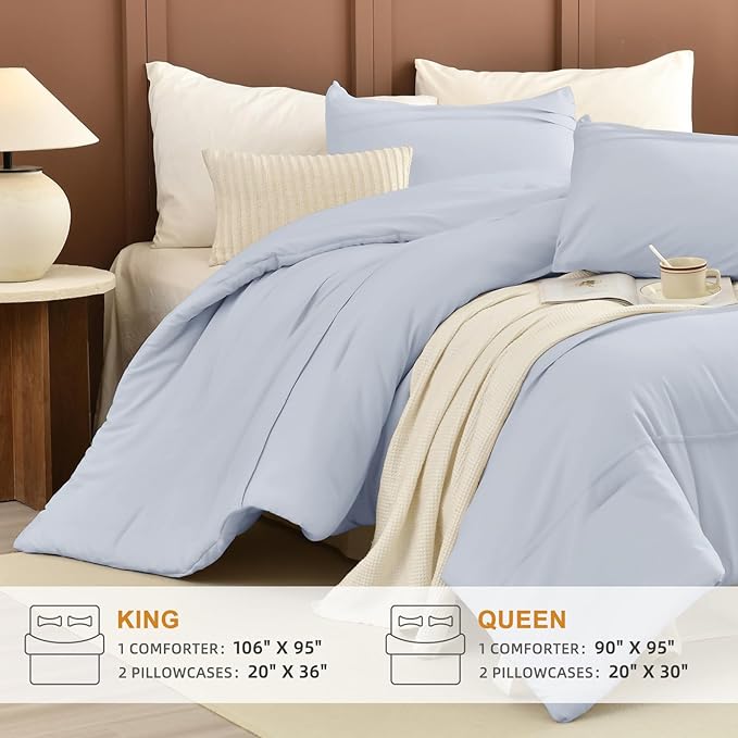 Sanracie Cotton Comforter Queen Size(90"x 95"),3 Pieces Cornflower Blue Colored Pinch Pleated Comforter Set,Soft Breathable Neutral Bed Comforter for All Season