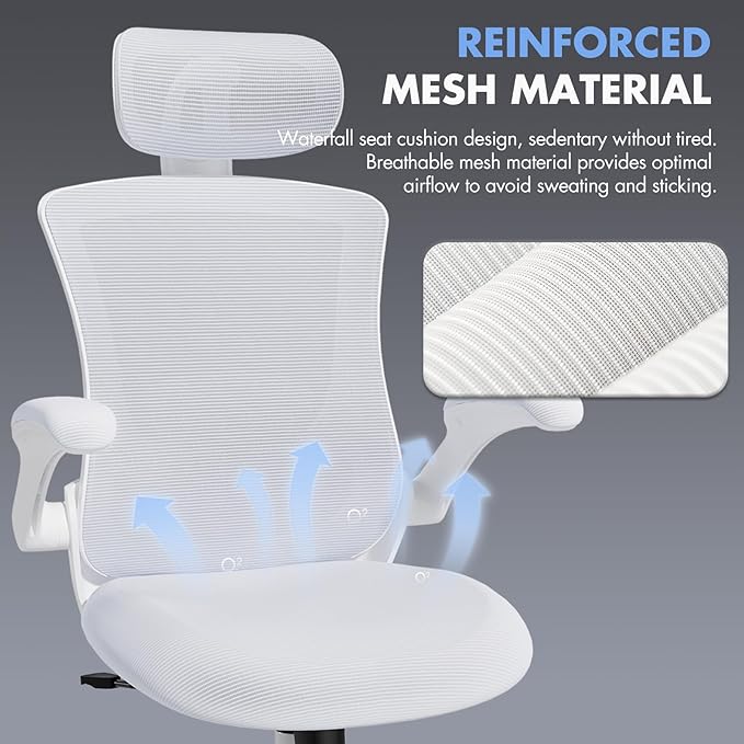 Ergonomic Office Chair with Adjustable Lumbar Support & Headrest, High Back Mesh Desk Chair with Flip-Up Armrests, Breathable & Comfortable Computer Chair for Home, Office & Study –White