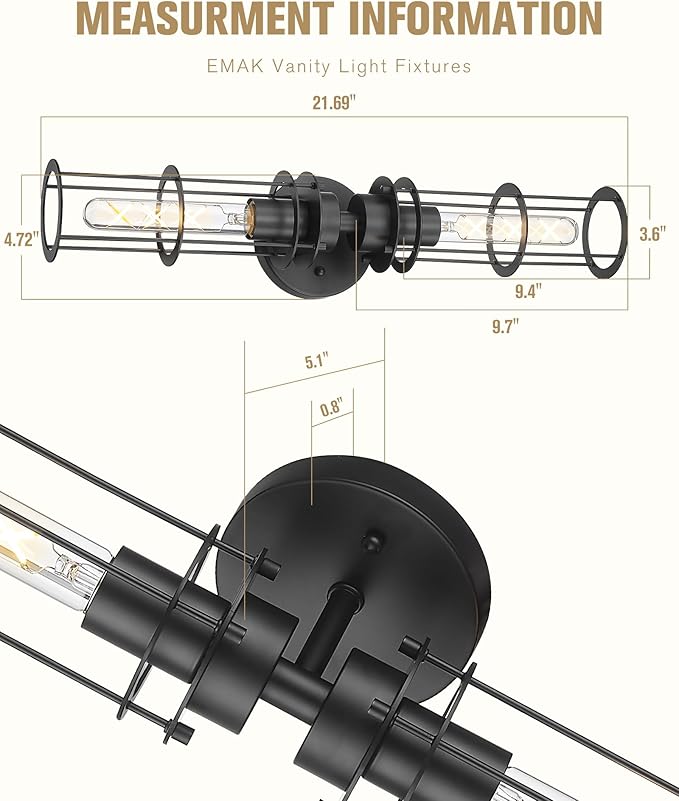 Emak 22 Inch Black Bathroom Light Fixtures Over Mirror, Modern Industrial 2 Light Vanity Light with Metal Shade, Farmhouse Cylinder Wall Sconces for Bathroom, Hallway, VL085-BK-MT-2