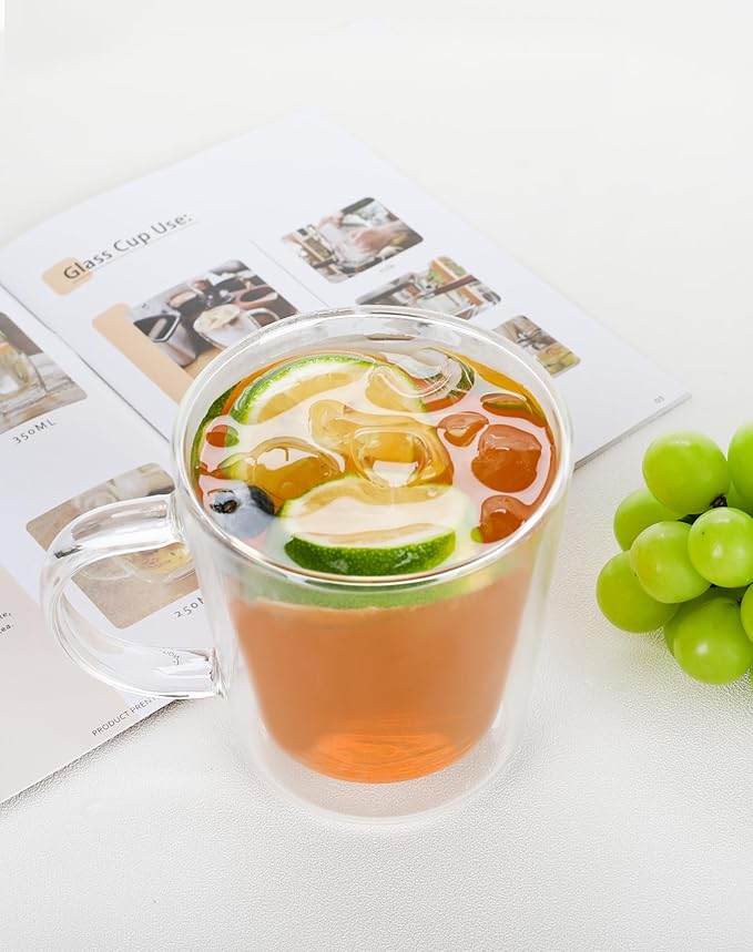 LIBWYS 12oz Double Wall Glass Coffee Mugs, Cappuccino Latte Tea Cups with Handle, Heat Resistant Borosilicate Insulated Clear Glasses (Set of 6)