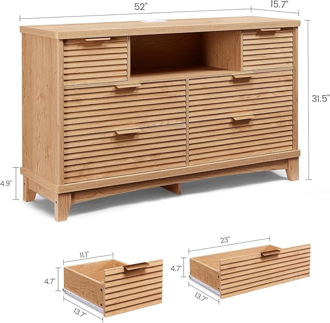 AOGLLATI Black Dresser for Bedroom with Slanted Louvre Design,Retro Chest of Drawers with Charging Station, Wooden Wide Led 6 Drawer Dresser for Bedroom,Living Room, Hallway, Wood