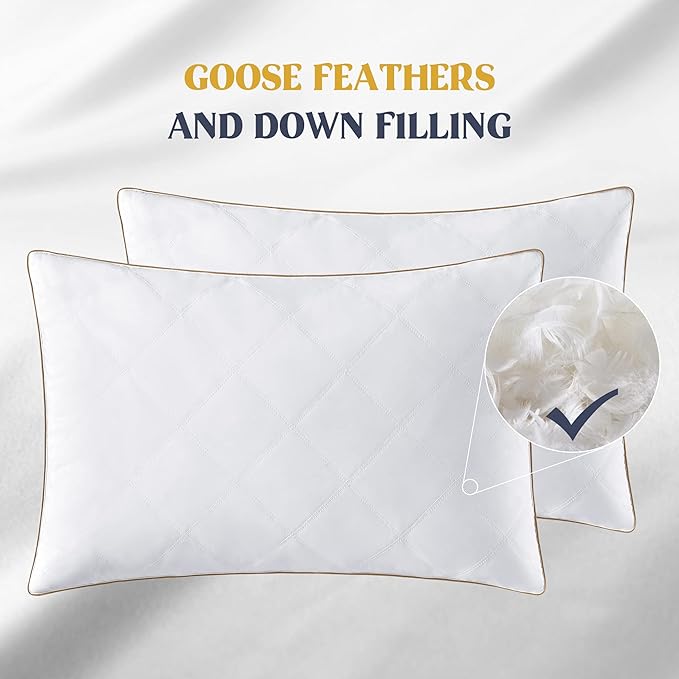 puredown® Goose Feathers and Down Pillow with Diamond Quilting with 100% Cotton Cover, Pack of 2, Standard Size