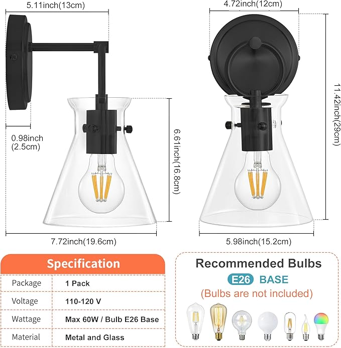 Wall Sconce for Bathroom Modern Vanity Light Fixtures Wall Mount Lighting Lamp Farmhouse Wall Lights with 6 Inch Clear Glass Shade for Bedroom Living Room Mirror Kitchen (Black, 1 Pack)