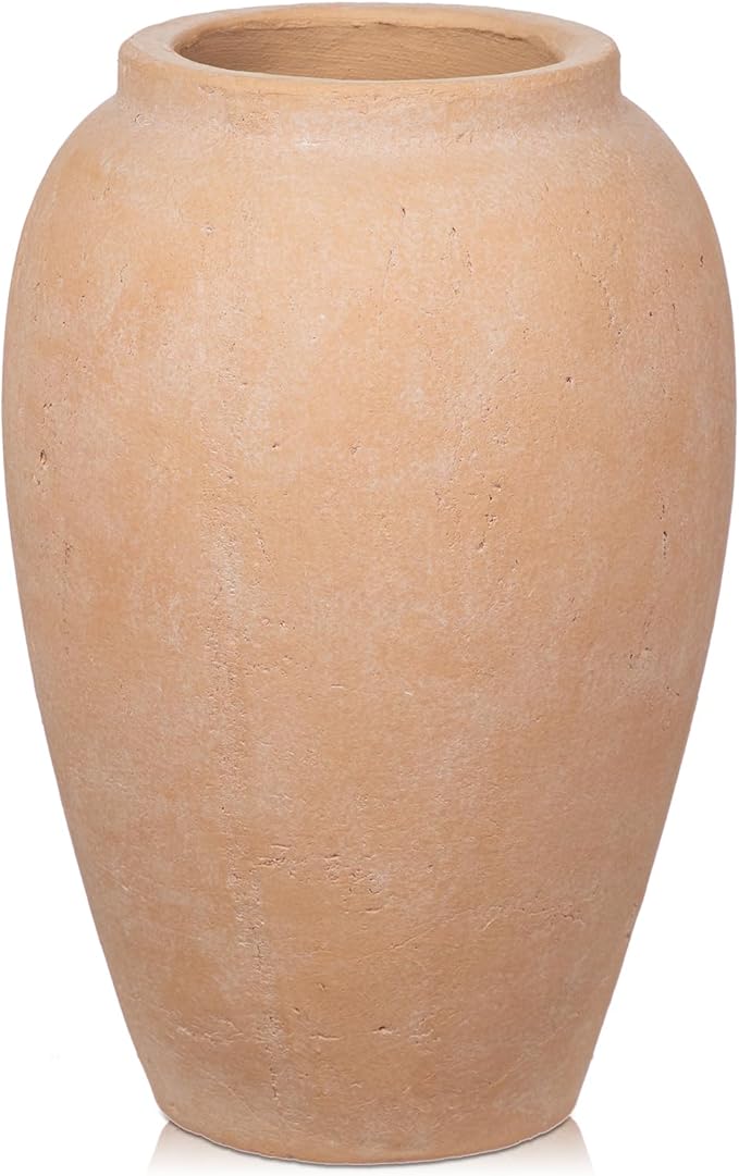 Handcrafted Flower Vase, 10.5" Tall Terracotta Vases, Vintage Rustic Ceramic Vase Décor, Wide Mouth, Matte Finish for Home Office Resto Café Decoration