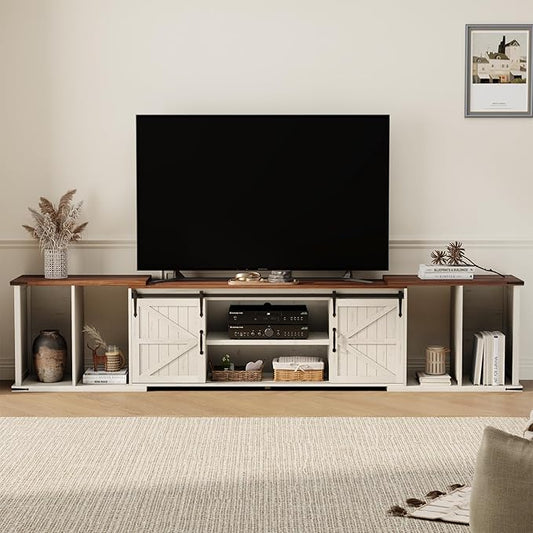 Extendable TV Stand, Entertainment Center for 85 95 105 Inch TV, Farmhouse TV Stand with Large Capacity Storage and Sliding Doors, Media Console for Living Room, Length 86"-113", White