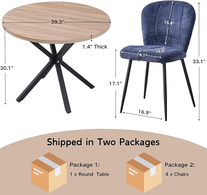 39" Round Dining Table Set for 4, Mid Century Kitchen Table with 4 Upholstered Accent Dining Chairs for Apartment Living Room Space Saving