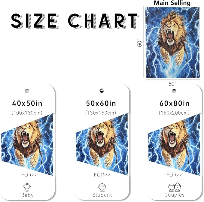 Roaring Lion Blanket, Cozy Flannel Fierce Lightning Lions Throw Blanket for Couch Outdoor, Plush Soft Lightweight Travel Blankets for Bed Decor and Gifts, for Women Adults Kids 50"x60"