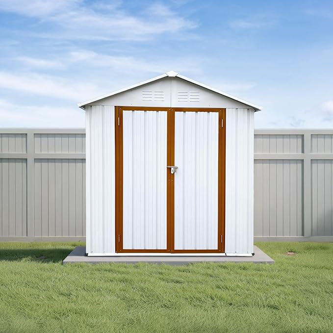 6 x 4 FT Outdoor Storage Metal Shed, Bike Garden Tool Shed with Slooping Roof, Lockable Doors and Aluminum Frames, Shed Easy to Assemble for Garden, Patio, Lawn, White+Yellow