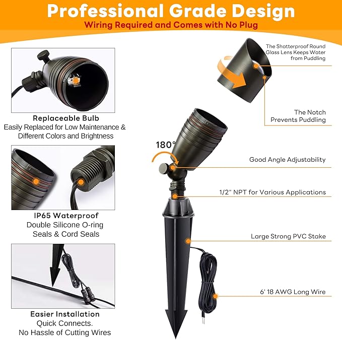 Brass Landscape Lighting - Low Voltage Spotlights Outdoor LED, 12V Wired Uplights, Waterproof Spot Lights, Antique Bronze for Outside Trees Without MR16 Bulb (4 Pack)