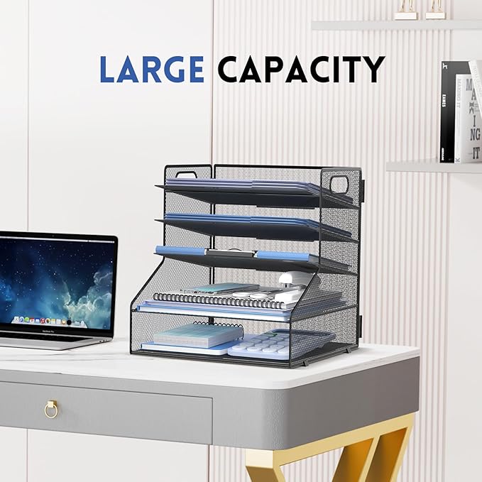 SUPEASY 5-Tier Desk File Organizer, Metal Letter Paper Tray, Desk Organizers and Accessories for Home Office Supplies, Black