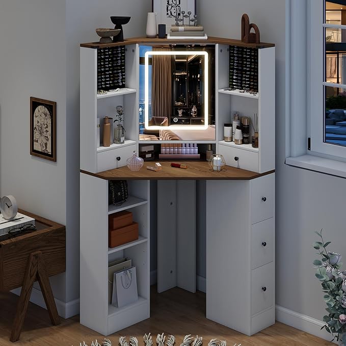 ARTETHYS Corner Vanity Desk with Mirror and Lights Makeup Table with Storage Large Farmhouse Vanity Sets with Drawers for Women, White
