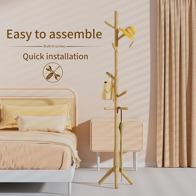 Solid Wood Coat Rack, Freestanding Tree-Shaped Coat Rack with 11 Hooks, Main Pole 1.6" dia for Clothes, Hat Stand Used in Bedroom/Office/Entryway (3-Leg Base, Natural Beige)