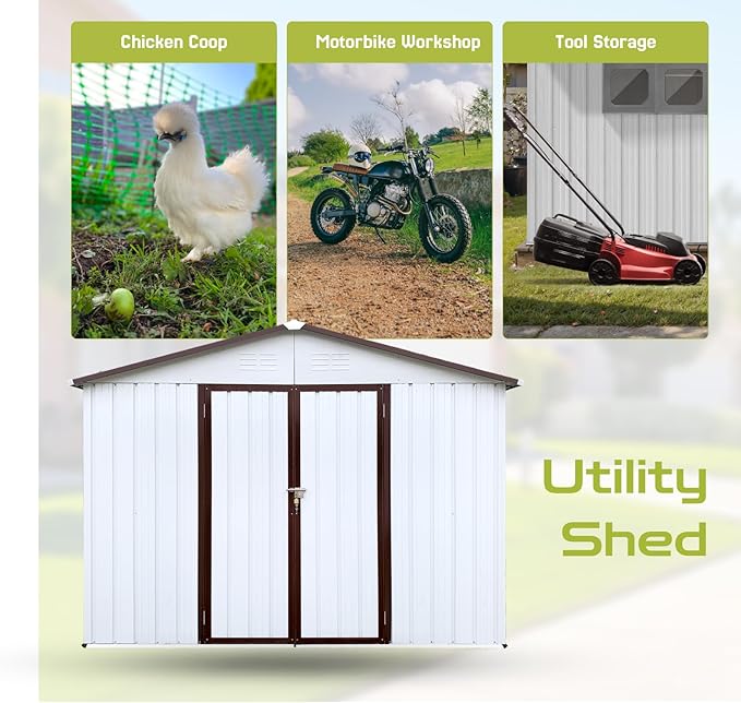 8 x 6 FT Outdoor Storage Shed, Metal Garden Tool Shed with Slooping Roof, Lockable Doors, All-Weather Bike Shed Easy to Assemble for Backyard, Patio, Lawn, White