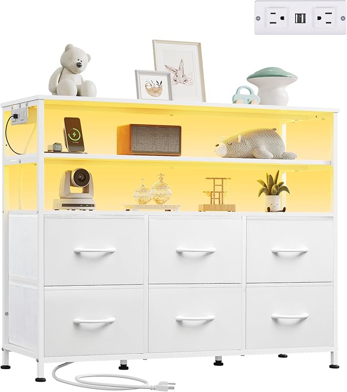 WLIVE White TV Stand for 40, 45 inch TV, Entertainment Center with LED Lights & Charging Station, TV Media Console Table with 6 Fabric Drawers and Open Shelves for Living Room, Hallway, Wood Top