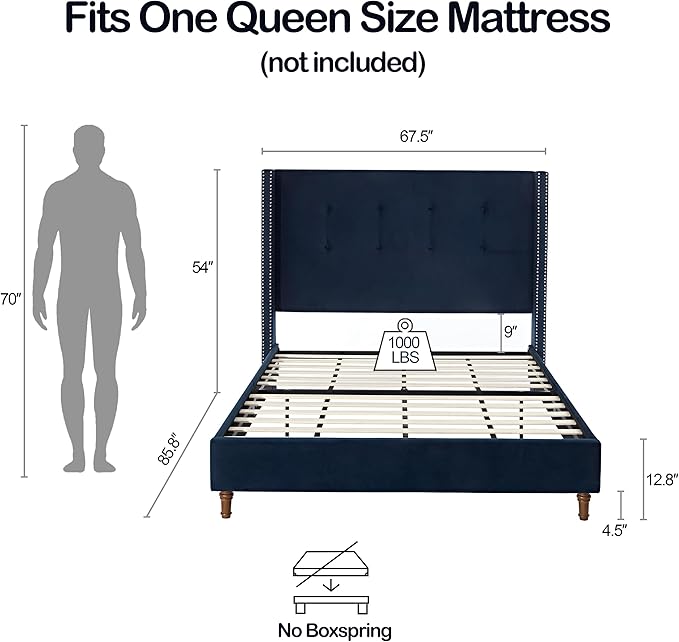 GDFStudio Tall Headboard Upholstered Bed,Queen Size Platform Bed Frame with Headboard Nailhead Trim Wingback,54" High No Box Spring Needed Easy Assembly Traditional Hand Buttoned Tufting Blue Velvet