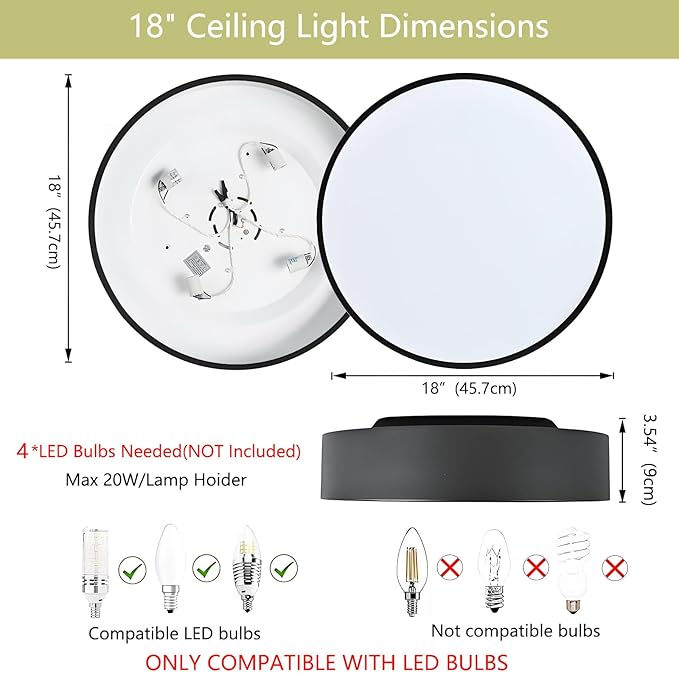18 Inch Modern Flush Mount Ceiling Light, 4-Lights Black Round Light Fixture, Minimalistic Ceiling Lamp Fixture for Bedroom Laundry Room Bathroom Living Room