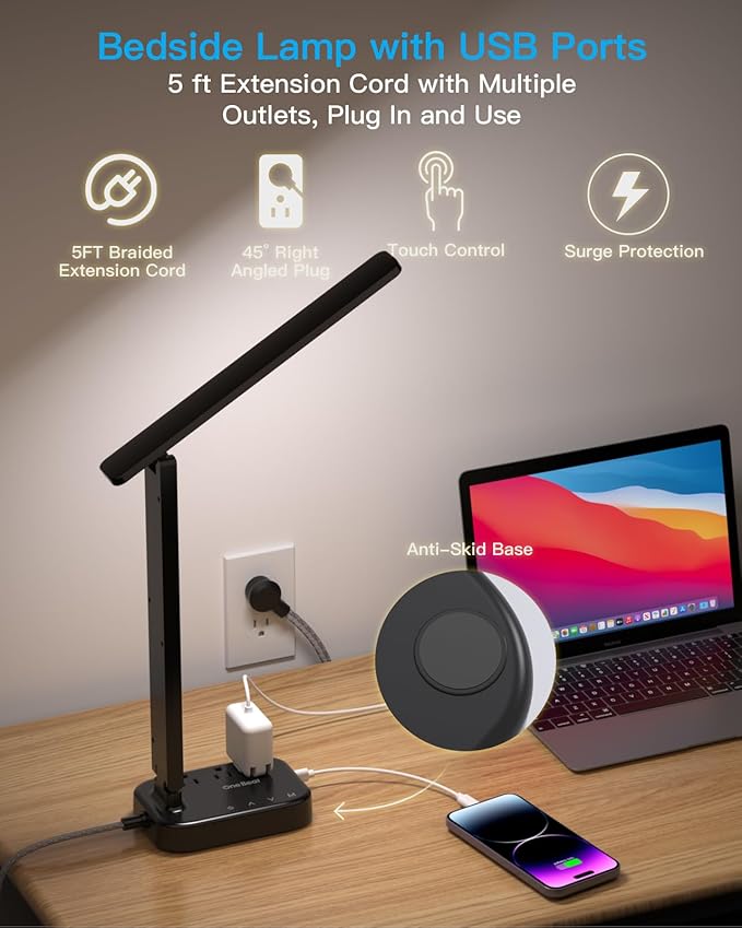 Power Strip with LED Desk Lamp, 10 Ft Extension Cord with 3 Outlets 4 USB Ports(2 USBC), 4 Modes 5 Level Touch Lamp Small Desk Lamps for Home Office College Dorm Room, Study Reading Light - BK