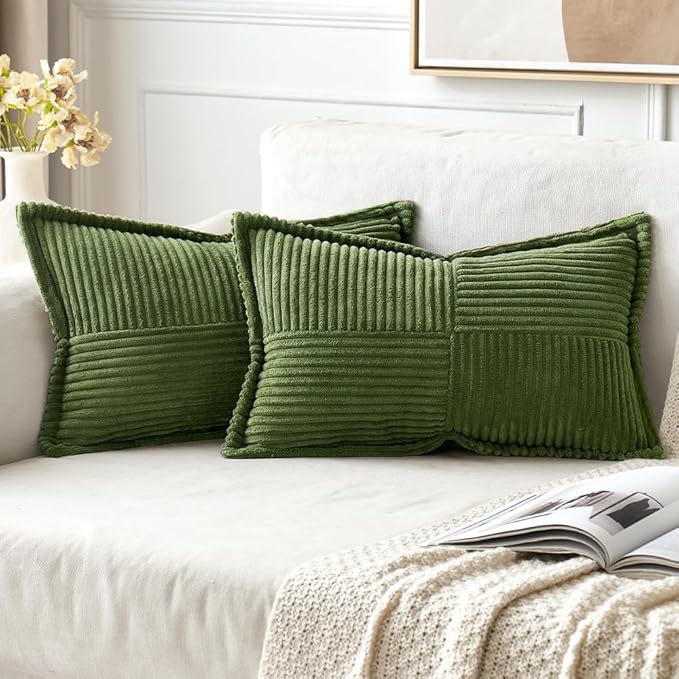 MIULEE Decorative Lumbar Throw Pillow Covers for Couch Bed Livingroom 12x20 Inch Set of 2 Moss Green Boho Accent Throw Pllows Broadside Striped Patchwork Soft Corduroy Summer Pillowcases