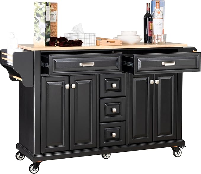 Generic 60.5"" Kitchen Island on Wheels, Rolling Island Table for Kitchen with Double Storage Cabinet and 5 Drawers, Portable Kitchen Cart with Rubber Wood Top, Black, Large
