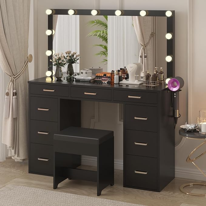 Likein Vanity Desk with Mirror and Lights & Power Strip, Glasstop Vanity Makeup Desk Set with 9 Drawers for Women Girls, Lights Adjustable Large Hollywood Mirror Dressing Table with Chair for Bedroom