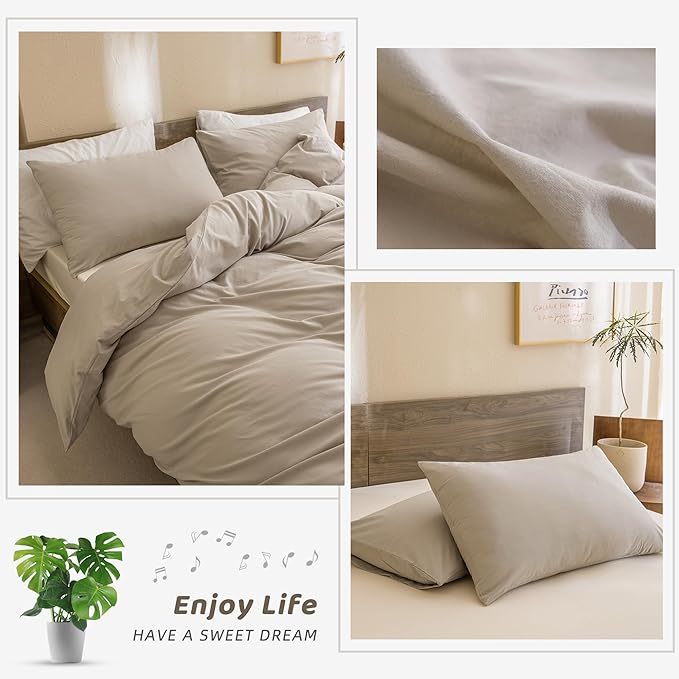 Sanracie Cotton Comforter Set Queen,Linen Like Textured Bedding Comforter for Queen Size Bed 3 Pieces(1 Solid Comforter and 2 Pillowcases) Soft Lightweight Bedding Set