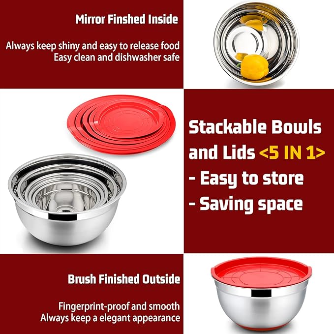 P&P CHEF Mixing Bowls with Lids Set of 5, Stainless Steel Nesting Salad Bowl with Lid & Base for Non-slip Mixing Prepping Storing Serving, 5 Sizes-7/3.5/2.5/1.5/1 QT, Red