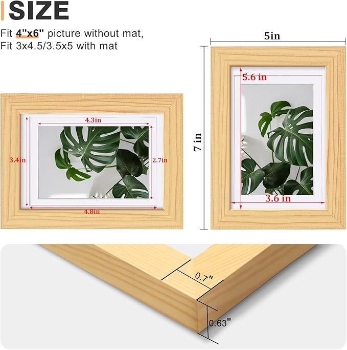 Egofine 4x6 Picture Frame Natural Wood Made of Solid Wood with Plexiglass, Display Pictures 3.5x5 with Mat or 4x6 Without Mat for Tabletop and Wall Mounting