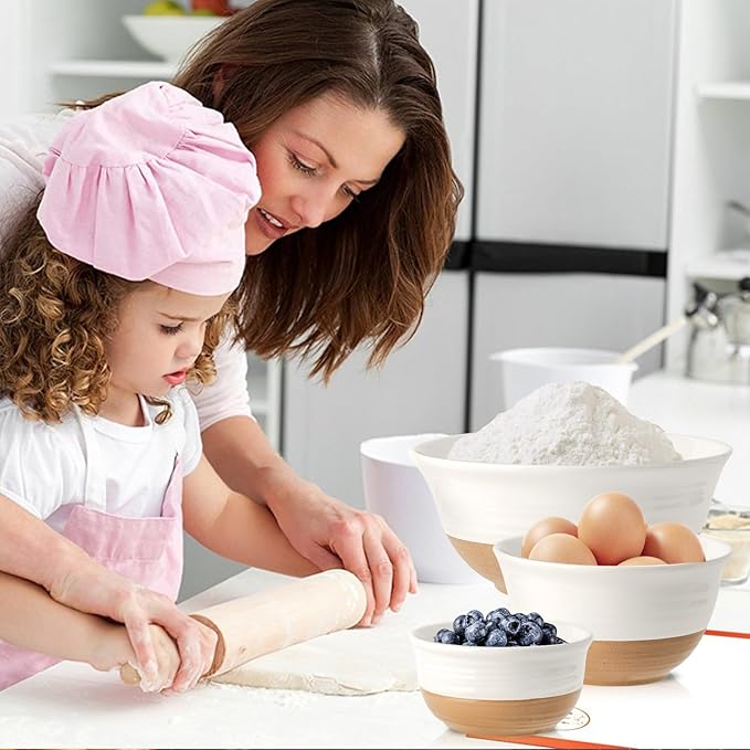 HASENSE Serving Bowls,Ceramic Mixing Bowls, Large Salad Pasta Bowls Set, 2.1/1.0/0.5 Qt for Entertaining, White Nesting Batter Bowls for Prepping Baking, Dishwasher Microwave Safe, Set of 3