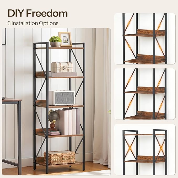 HOOBRO Bookshelf, 5-Tier Industrial Bookcase, Book Shelf Storage Organizer, Tall Bookshelf with Metal Frame for Living Room, Bedroom, Home Office, Kitchen, Rustic Brown and Black BF73SJ01