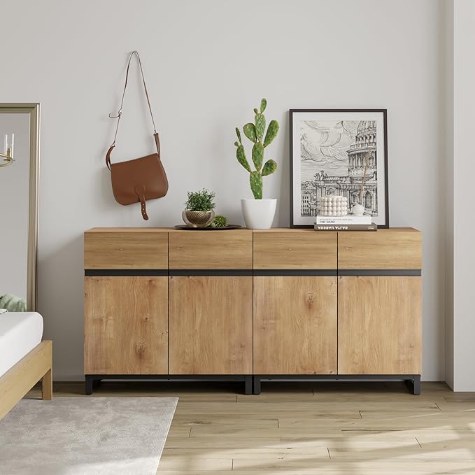 WAMPAT Modern TV Stand for 75-110 Inch TVs, Wooden Entertainment Center Console With Metal Base and Adjustable Shelves for Living Room, Bedroom, 63 Inch, Oak