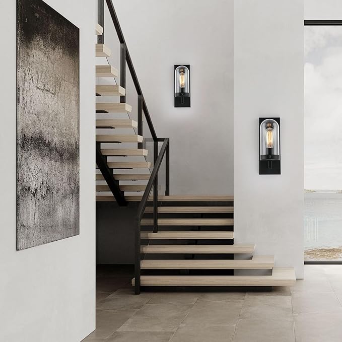 Black Wall Sconces Set of 2, Modern Farmhouse Bathroom Sconces with Clear Glass Shade, Vanity Lights for Bedroom Living Room Bathroom Hallway Stairwell