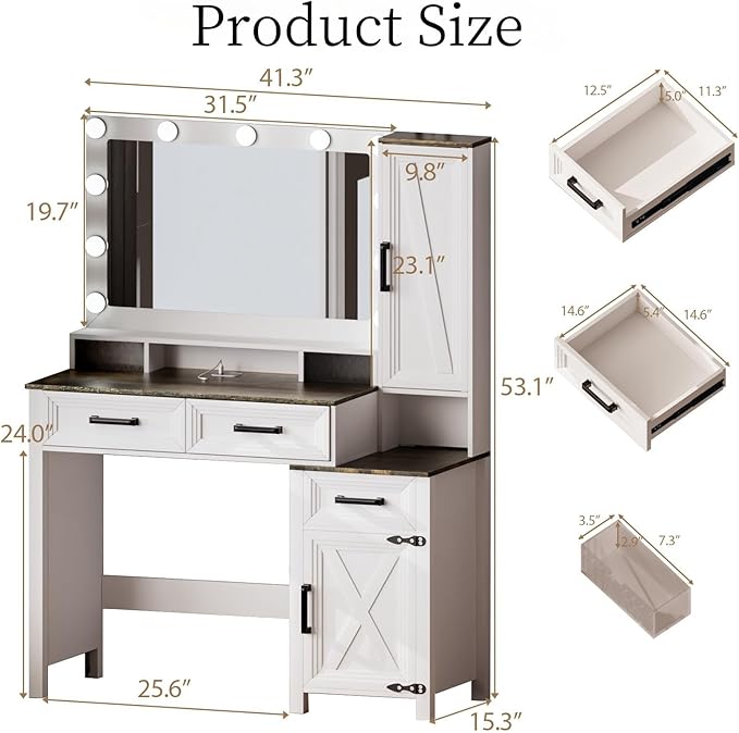 Makeup Vanity, Farmhouse Vanity with Square Mirror & Tricolor Lighting Adjustment, 43'' Fashion Makeup Desk with Two Spacious Drawers, Side Storage Cabinet & Built-in Charging Station, White