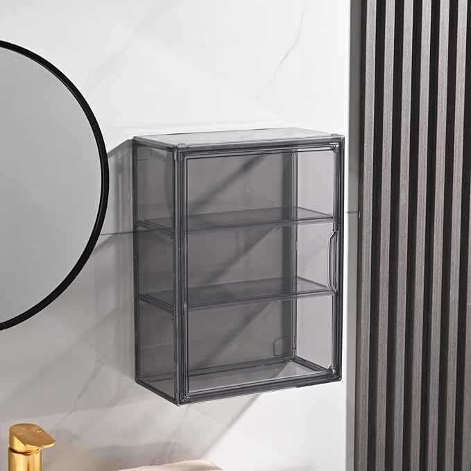 2PACK 3 Tiers Acrylic Display Case with 2 Division Boards, Acrylic Storage Organizers Box with Magnetic Door, Wall-Mounted Dustproof Showcase for Makeups, Purses, Figure