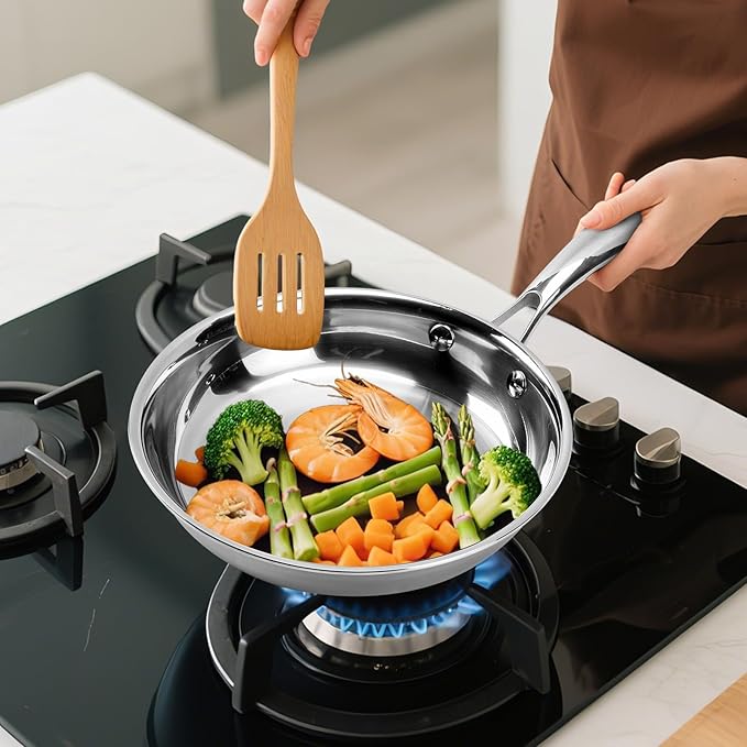 Stainless Steel Pan，Non-Toxic PFAS, PFOA & PTFE Free, Compatible With All Cooktops & Induction Safe, Oven Safe Pan for Searing & Sautéing, Long Lasting Cookware.8.10.12 In (8-Inch)