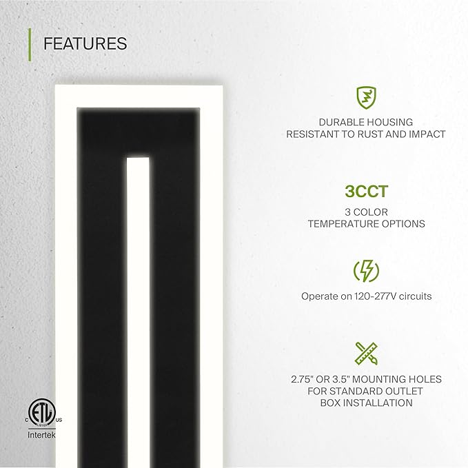 ASD LED 24" Long Wall Mount Light Fixture, Outdoor & Indoor Linear Sconce | 3CCT, Dimmable, Waterproof, Anti-Rust, ETL Listed | 24W 1630LM 3000-5000K 100-277V | Exterior Porch Lighting | Black, 2 Pack
