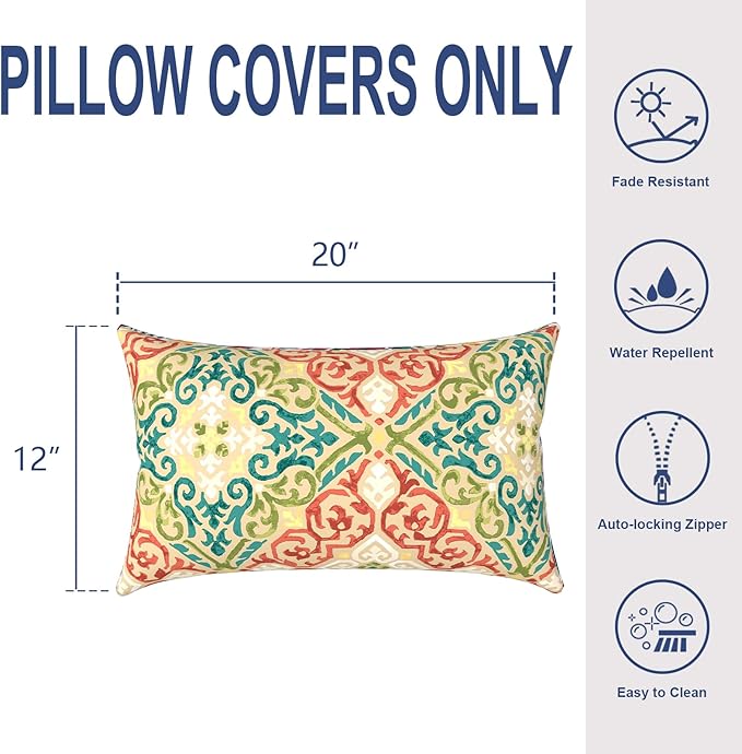 Pack of 2 Outdoor Lumbar Pillow Covers, All Weather Cushion Pillow Cases 12x20 Inch, Pillowcase for Patio Couch Decoration, Geometric Orange