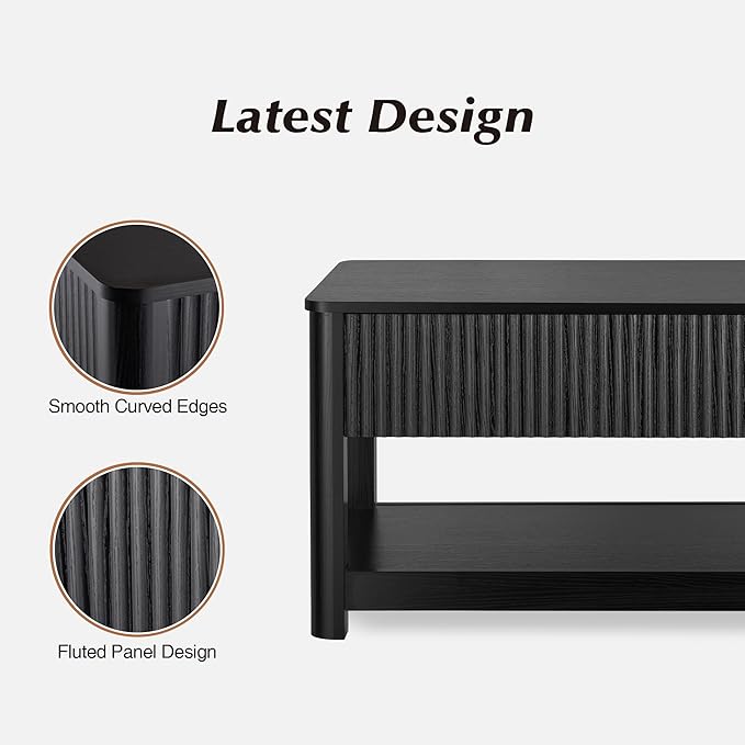 Lift Top Coffee Table with Storage, Mid Century Modern Coffee Table with Hidden Compartment, Fluted Wood Center Table for Small Space, Living Room, Home Office(Black)