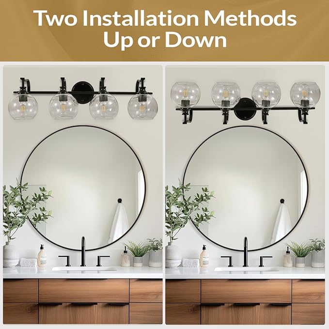 ANDY STAR 4 Light Bathroom Vanity Lights, Matte Black Bathroom Light with Clear Globe Glass Lampshade, 30.5 Inch Industrial Wall Lamp, E26 Base, Bulbs Not Included