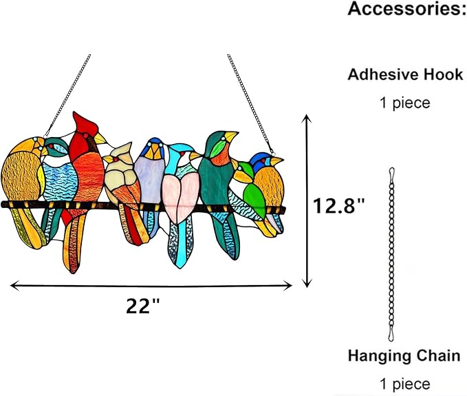 Stained Glass Birds Window Hangings, 9 Multicolor Stained Glass Birds on Branch Suncatcher, Handmade Tiffany Style Bird Lovers Gifts Decor for Mother, Women.