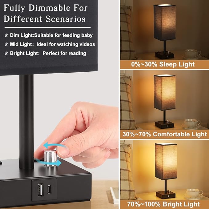 Black Fully Dimmable Nightstand Lamps Set of 2 - Table Bedside Lamp with USB C+A Charging Ports & 2 AC Outlets, Square Lamp Sets Linen Fabric Shade for Bedroom Living Room(Bulb Included)