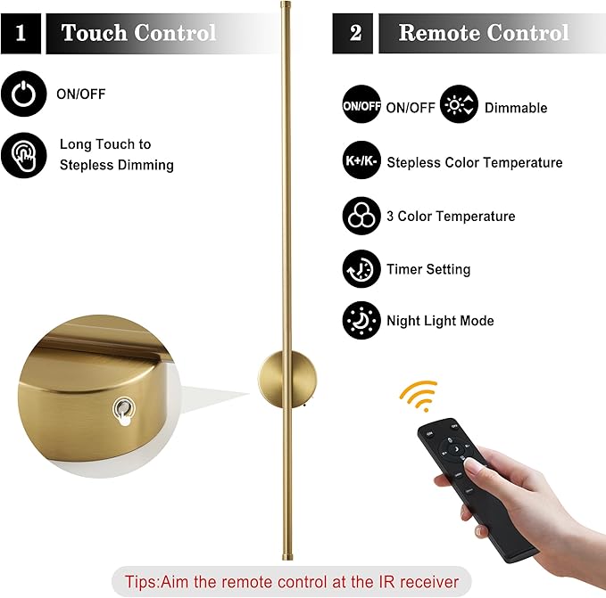 Battery Operated Modern Wall Sconces, Dimmable Wireless Wall Light Set of Two with Remote Control, 3 Color Temperatures, Rechargeable LED Wall Sconce for Bedroom, Living Room, Hallway, 39.3 Inch Brass