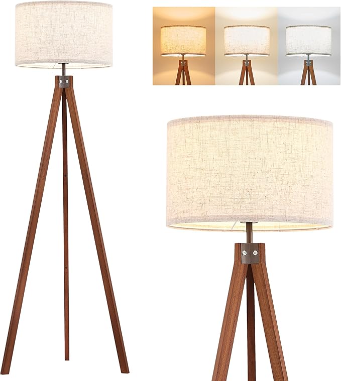 ELYONA Solid Wood Tripod Floor Lamp with 3 Color Temperatures LED Bulb, Mid Century Modern Reading Standing Light Nature Linen Shade Tall Night Light for Bedroom Living Room Office Study Room, Brown
