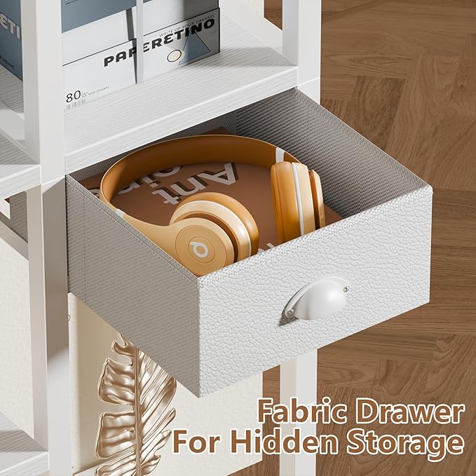 Furologee 6-Tier Bookshelf with Charging Station, Double Display Shelf with Drawer, Tall Freestanding Bookcase, Metal Open Book Shelf for Living Room, Bedroom, Home Office, White