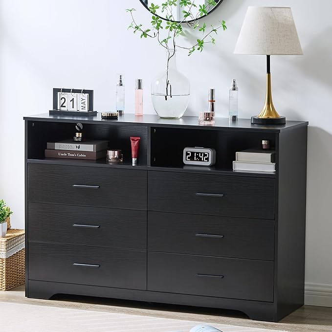 LIDYUK Black Dresser for Bedroom, 6 Drawer Dressers & Chests of Drawers, Modern Wood Dresser with Charging Station and LED Lights, 48 Inches Wide Chest of Drawers for Bedroom, Hallway, Living Room