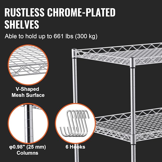 VEVOR Kitchen Utility Cart, 3 Tiers, Wire Rolling Table with 661 LBS Capacity, Steel Service Desk on Wheels, Metal Storage Trolley with 80 mm Deep Basket Curved Handle 6 Hooks